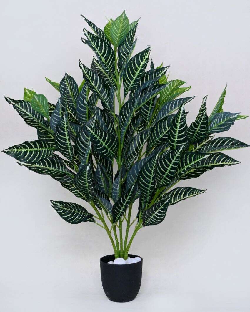 White Veined Polyester Croton Plant With Basic Black Pot | 104 Leaves | 3 Ft