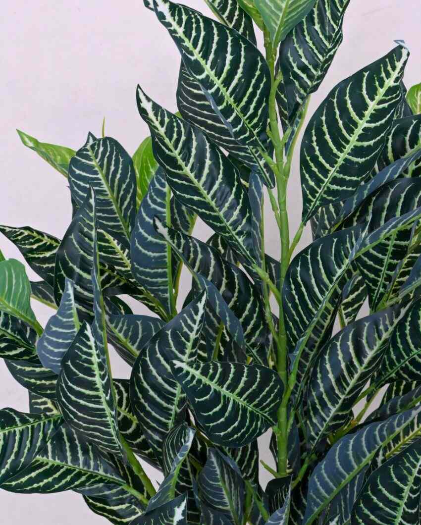 White Veined Polyester Croton Plant With Basic Black Pot | 104 Leaves | 3 Ft