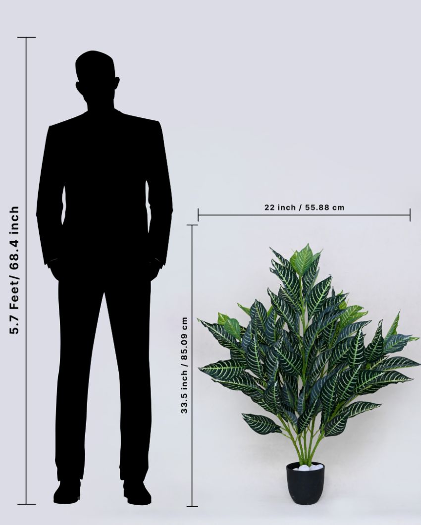 White Veined Polyester Croton Plant With Basic Black Pot | 104 Leaves | 3 Ft