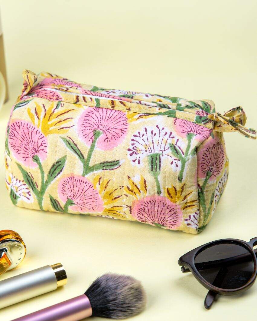 Beautiful Floral Meadow Block Printed Quilted Cotton Toiletry Pouch | 8.5 x 4 x 5 inches