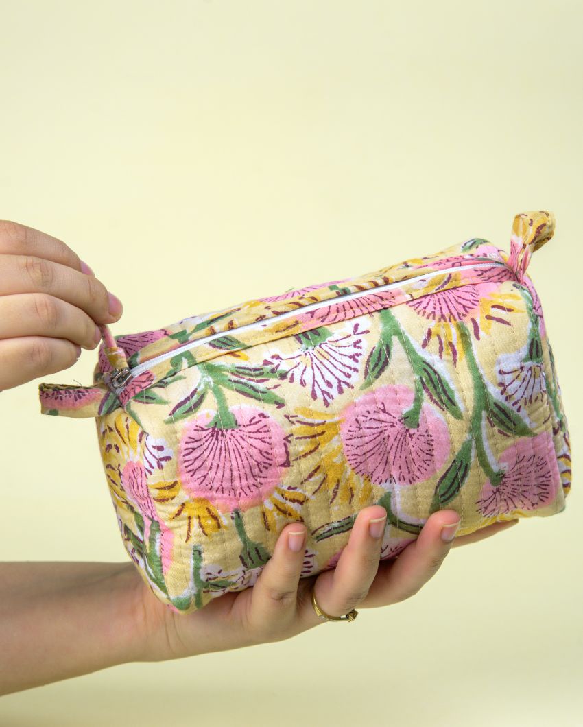 Beautiful Floral Meadow Block Printed Quilted Cotton Toiletry Pouch | 8.5 x 4 x 5 inches