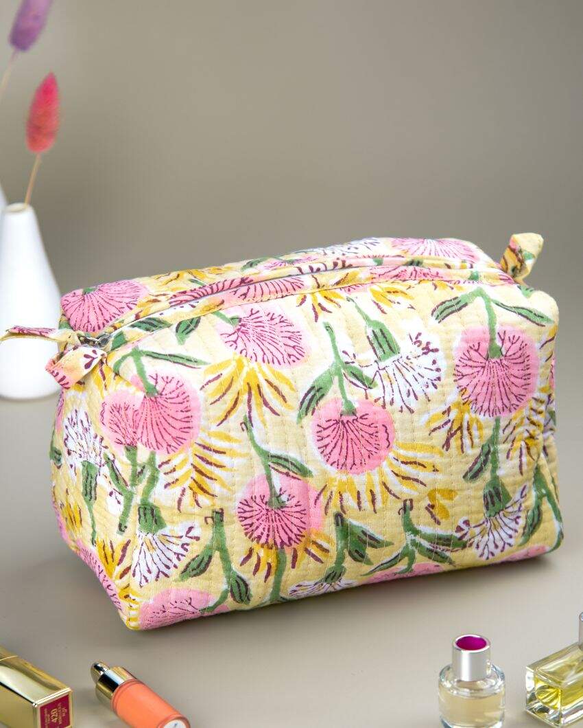 Beautiful Floral Meadow Block Printed Quilted Cotton Toiletry Pouch | 10.5 x 5 x 5.5 inches