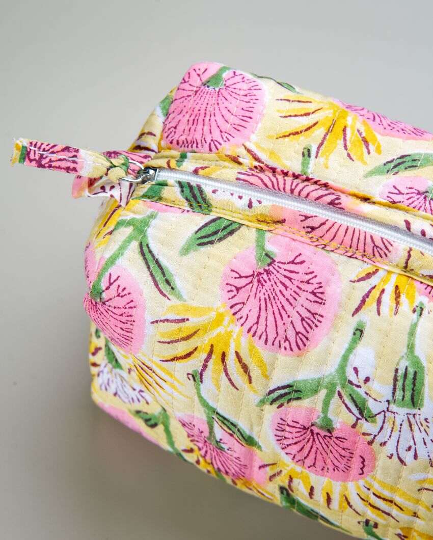 Beautiful Floral Meadow Block Printed Quilted Cotton Toiletry Pouch | 8.5 x 4 x 5 inches
