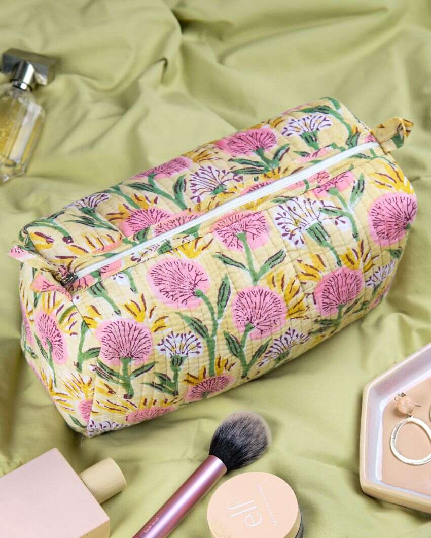 Beautiful Floral Meadow Block Printed Quilted Cotton Toiletry Pouch | 10.5 x 5 x 5.5 inches