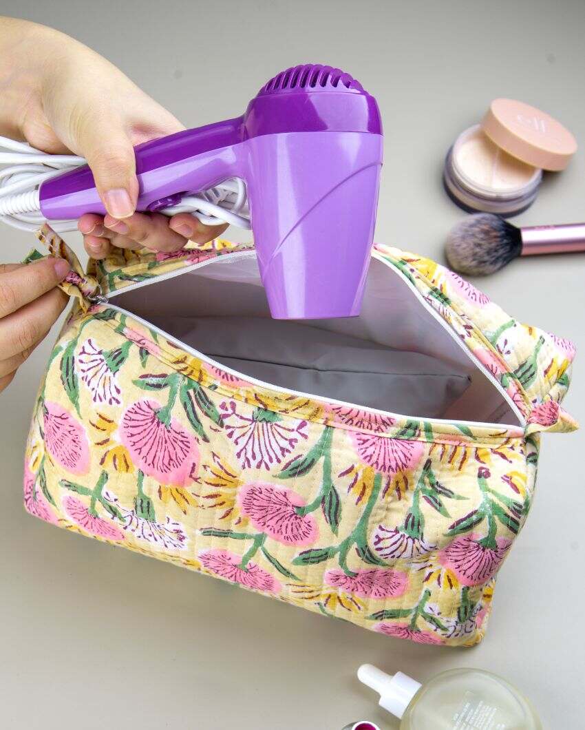 Beautiful Floral Meadow Block Printed Quilted Cotton Toiletry Pouch | 10.5 x 5 x 5.5 inches
