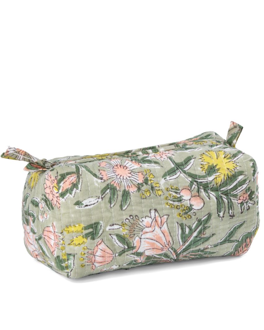 Botanical Forest Bloom Block Printed Quilted Cotton Toiletry Pouch | 8.5 x 4 x 5 inches