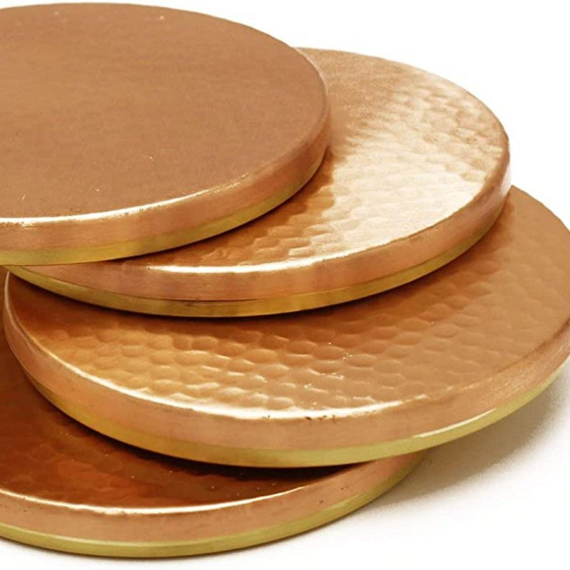 Antique Brass Hammered Coasters with Holder, Set of 4