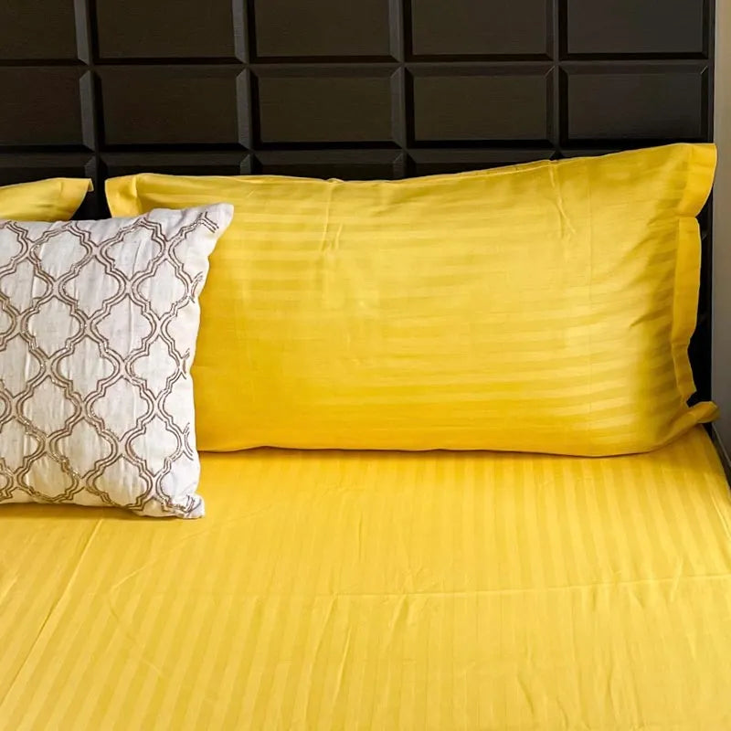 Spectra Yellow Striped Cotton Bedding Set With Pillow Covers | King Size | 104 x 108 Inches