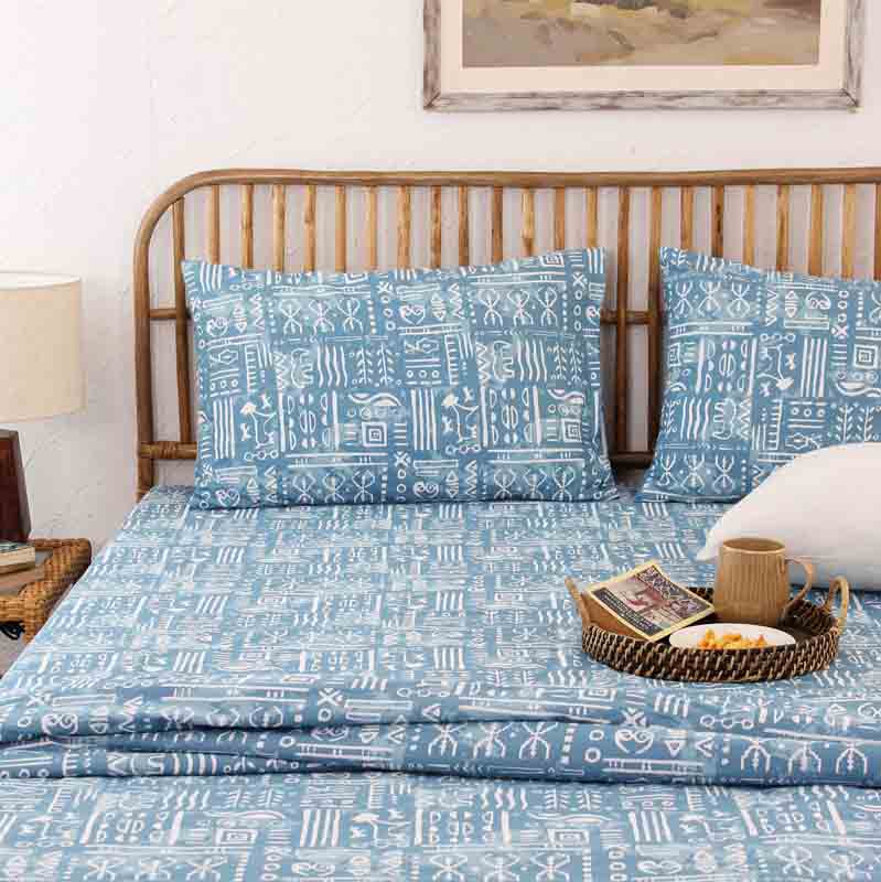 Blue Gamathi Cotton Bedding Set With Pillow Cover | Double Size | 90 x 108 inches