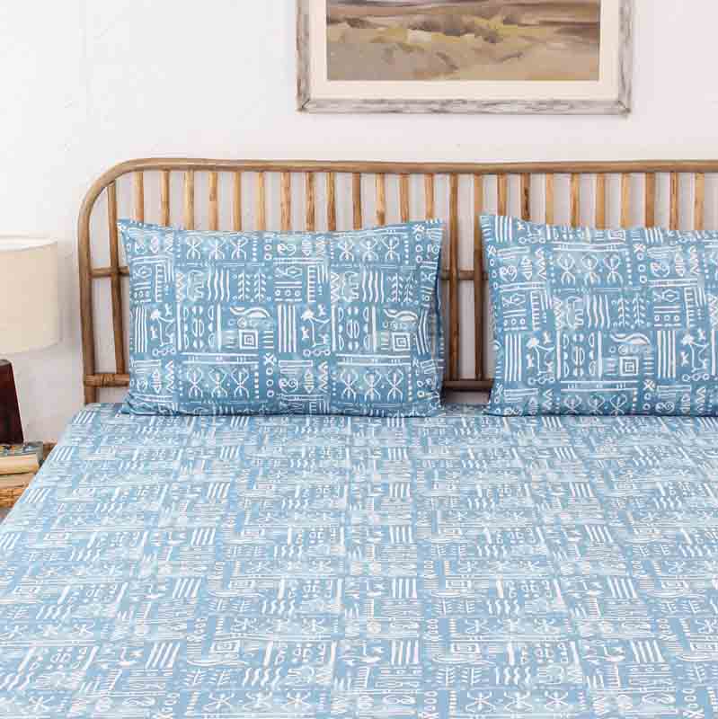 Blue Gamathi Cotton Bedding Set With Pillow Cover | Double Size | 90 x 108 inches