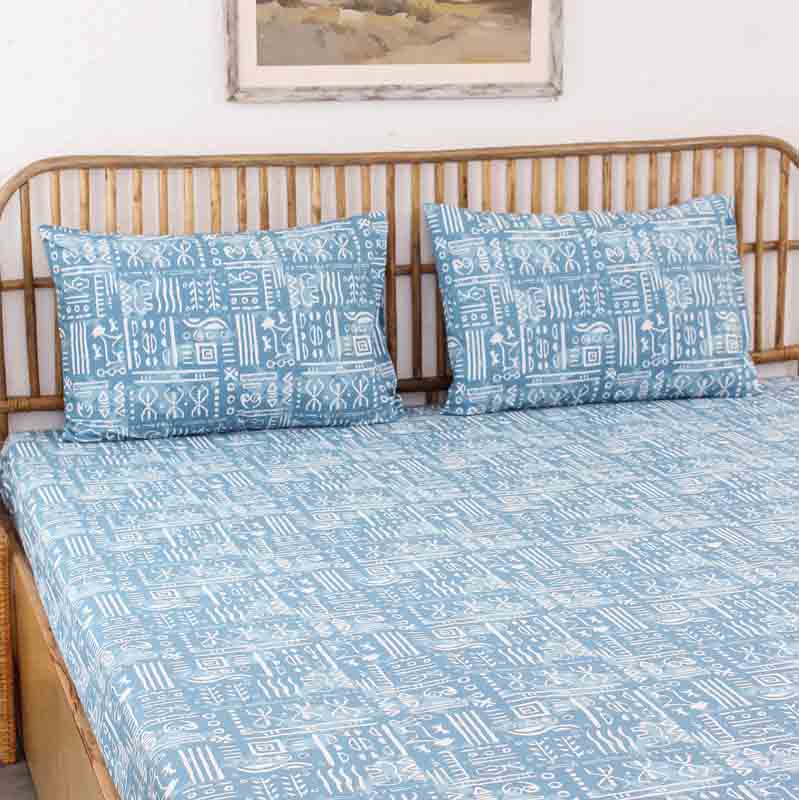 Blue Gamathi Cotton Bedding Set With Pillow Cover | Double Size | 90 x 108 inches