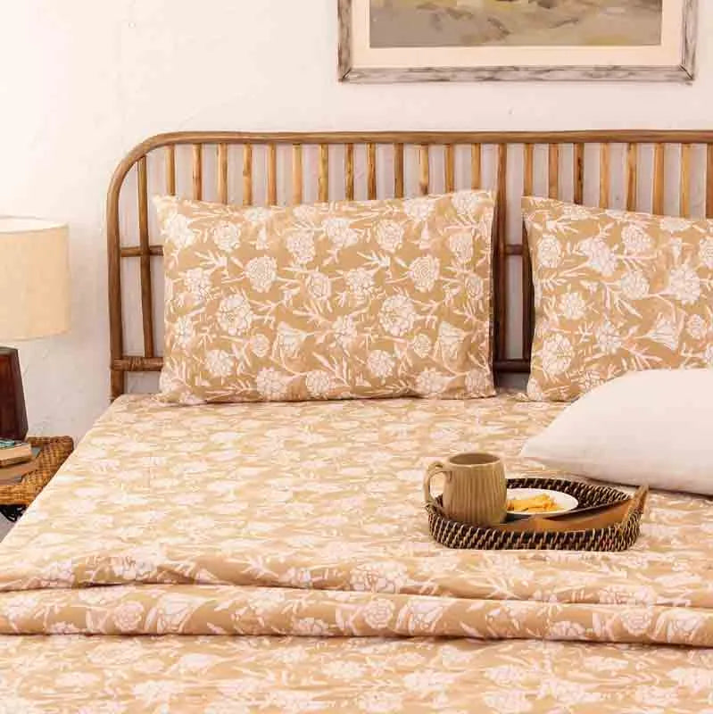 Beige Genda Phool Cotton Bedding Set With Pillow Cover | King Size | 108 x 108 Inches