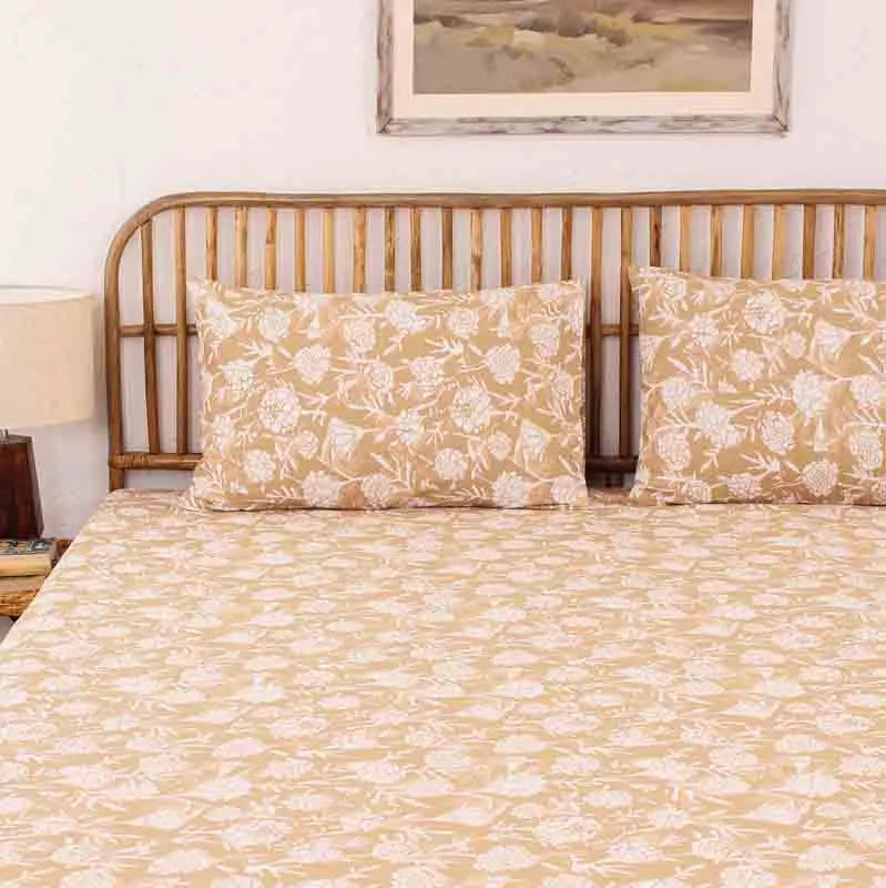 Beige Genda Phool Cotton Bedding Set With Pillow Cover | King Size | 108 x 108 Inches