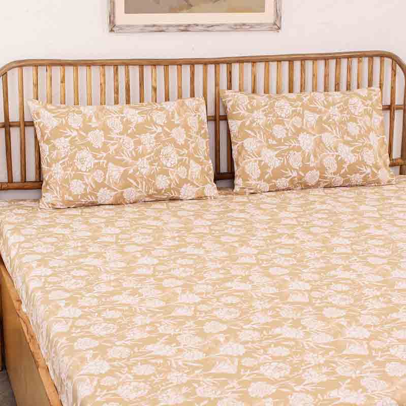 Beige Genda Phool Cotton Bedding Set With Pillow Cover | King Size | 108 x 108 Inches