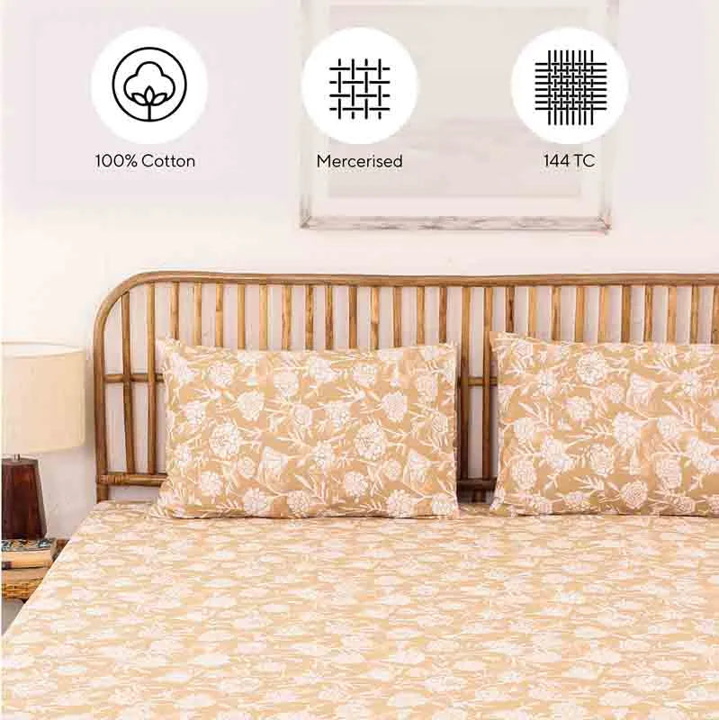 Beige Genda Phool Cotton Bedding Set With Pillow Cover | King Size | 108 x 108 Inches