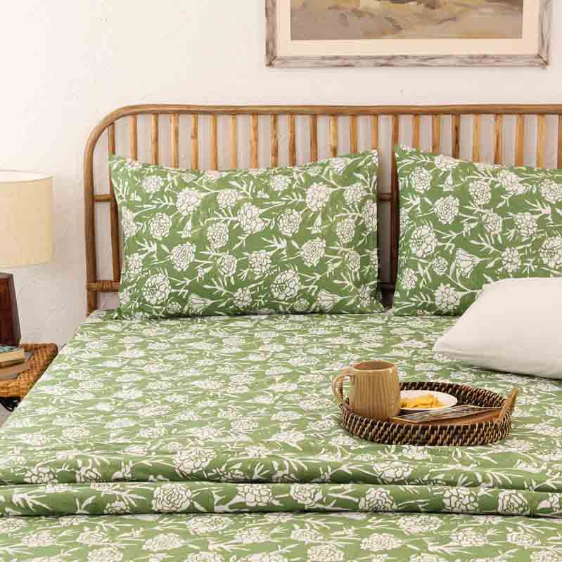 Green Genda Phool Cotton Bedding Set With Pillow Cover | King Size | 108 x 108 Inches