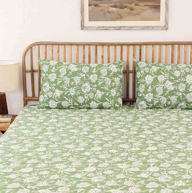 Green Genda Phool Cotton Bedding Set With Pillow Cover | King Size | 108 x 108 Inches
