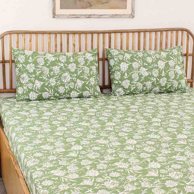 Green Genda Phool Cotton Bedding Set With Pillow Cover | King Size | 108 x 108 Inches