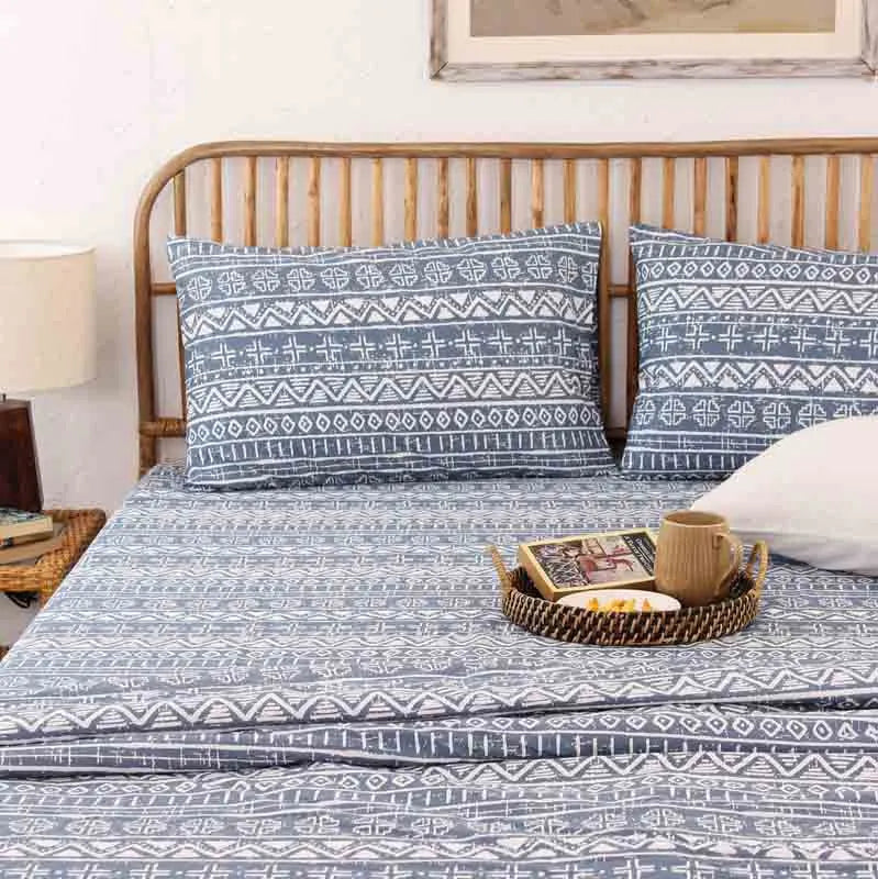 Blue Cotton Satin Bedding Set With Pillow Cover | Single Size | 108 x 108 Inches