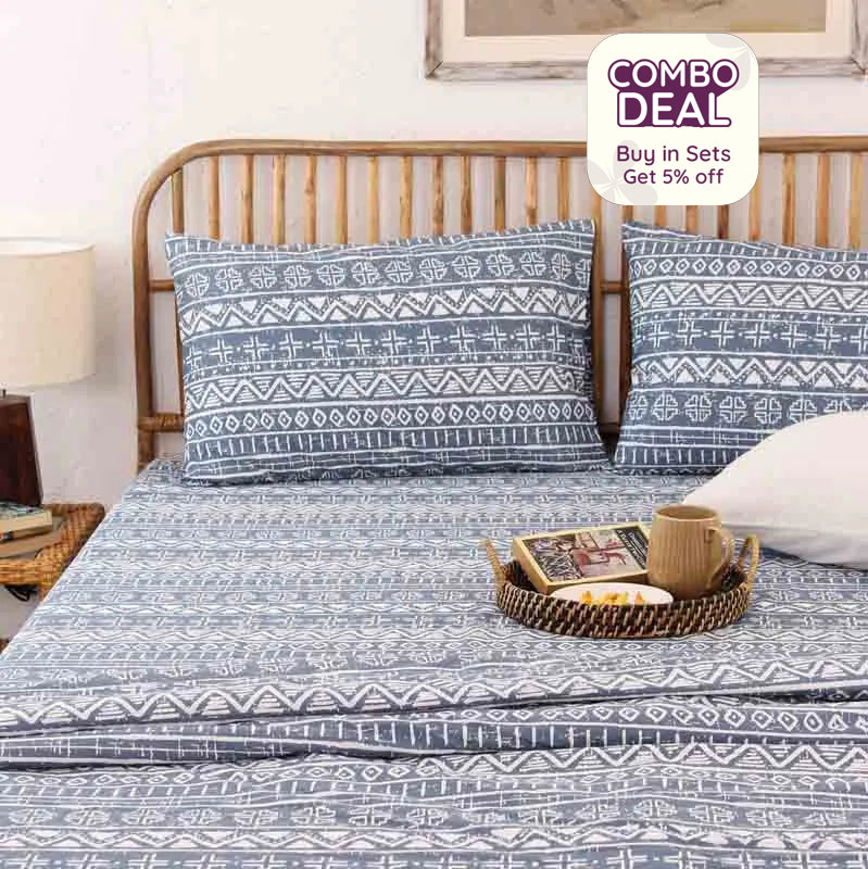 Blue Cotton Satin Bedding Set With Pillow Cover | Single Size | 108 x 108 Inches