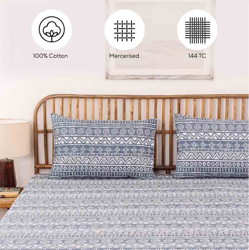 Blue Cotton Satin Bedding Set With Pillow Cover | Single Size | 108 x 108 Inches