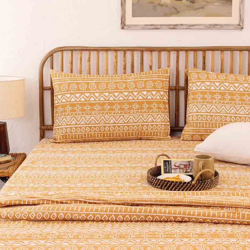 Yellow Kullu Patti Cotton Satin Bedding Set With Pillow Cover | Single Size | 59 x 91 Inches
