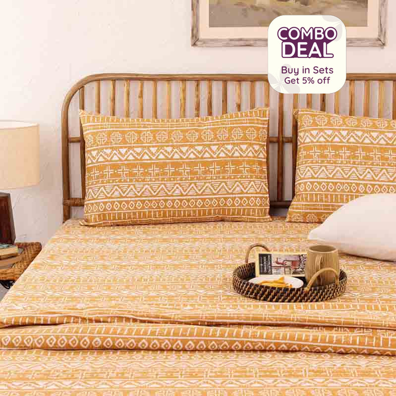 Yellow Kullu Patti Cotton Satin Bedding Set With Pillow Cover | Single Size | 59 x 91 Inches