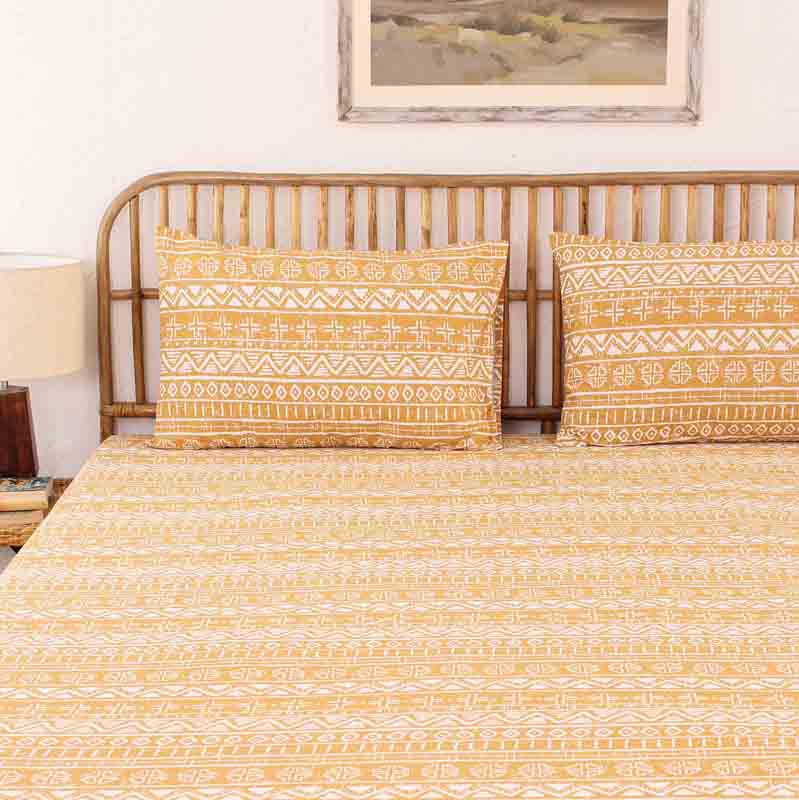 Yellow Kullu Patti Cotton Satin Bedding Set With Pillow Cover | Single Size | 59 x 91 Inches