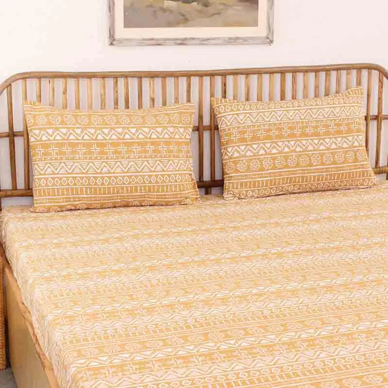 Yellow Kullu Patti Cotton Satin Bedding Set With Pillow Cover | Single Size | 59 x 91 Inches