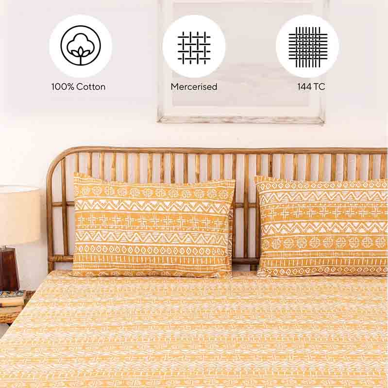 Yellow Kullu Patti Cotton Satin Bedding Set With Pillow Cover | Single Size | 59 x 91 Inches