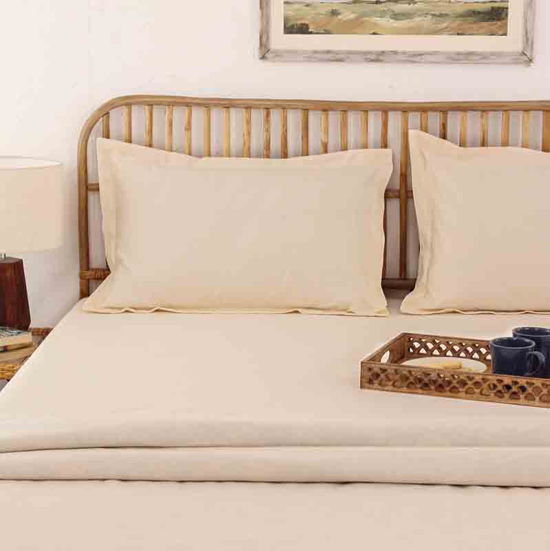 Off White Sesame Cotton Satin Bedsheet Set | King Size | 108 x 108 Inches