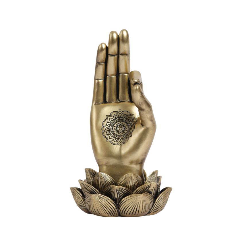 Elegant Polished Golden Buddha Lotus Palm Decor Showpiece | 4 x 8 inches