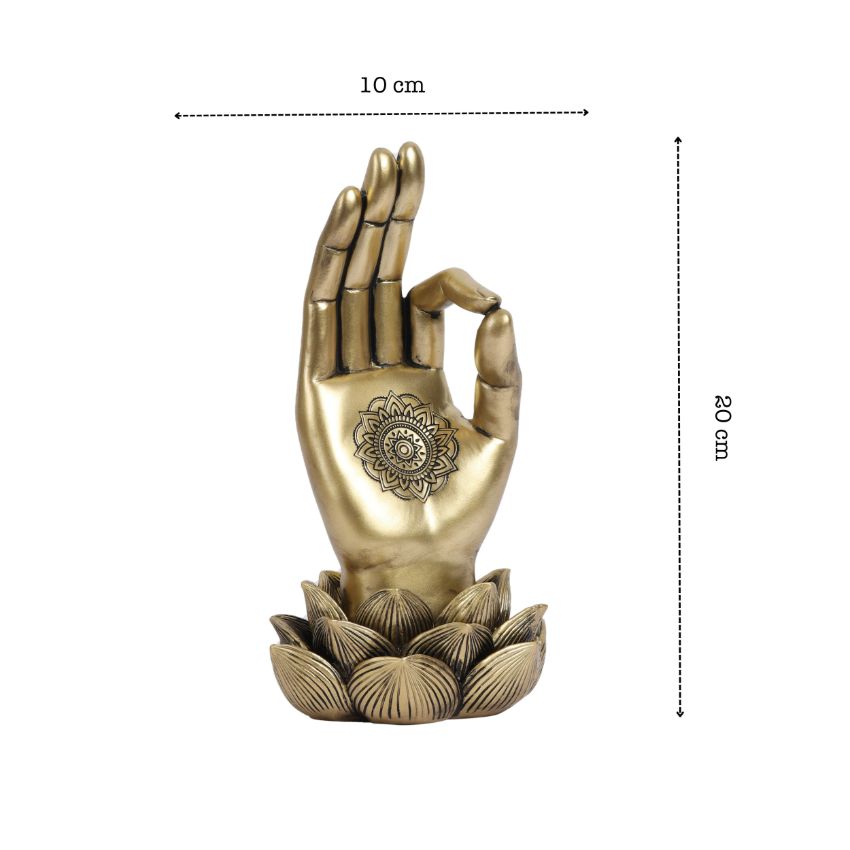 Elegant Polished Golden Buddha Lotus Palm Decor Showpiece | 4 x 8 inches