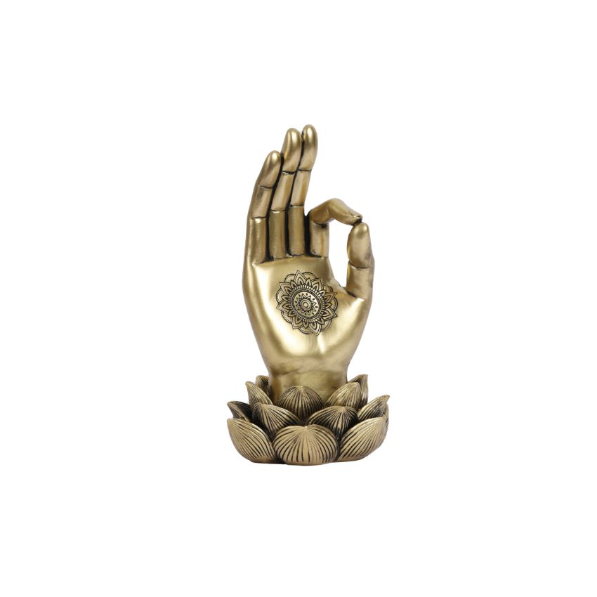Elegant Polished Golden Buddha Lotus Palm Decor Showpiece | 4 x 8 inches