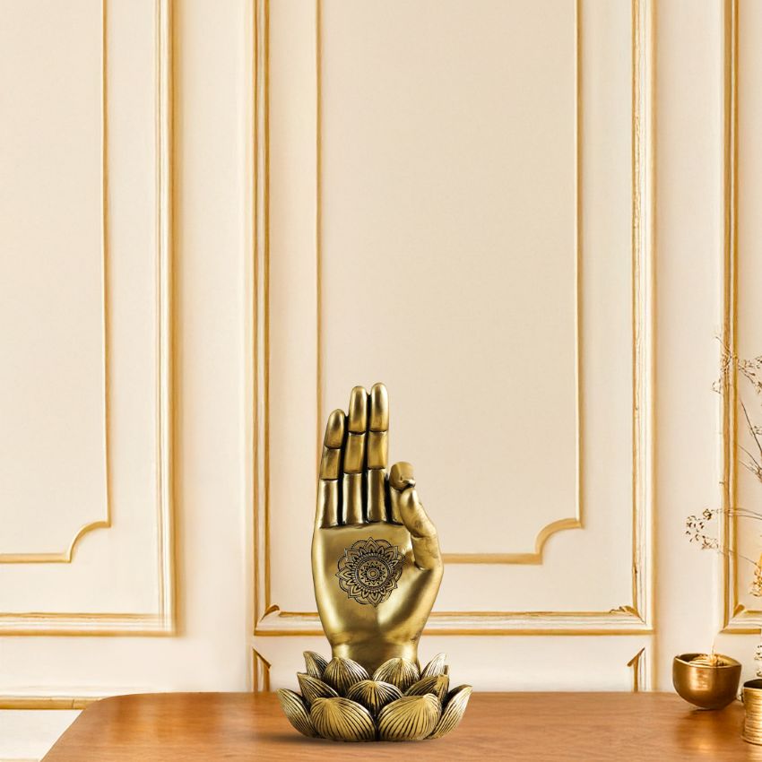 Elegant Polished Golden Buddha Lotus Palm Decor Showpiece | 4 x 8 inches