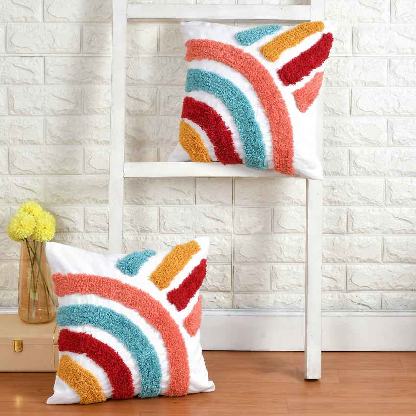 Charming Rainbow Motif Tufted Cushion Cover | 16x16 Inches
