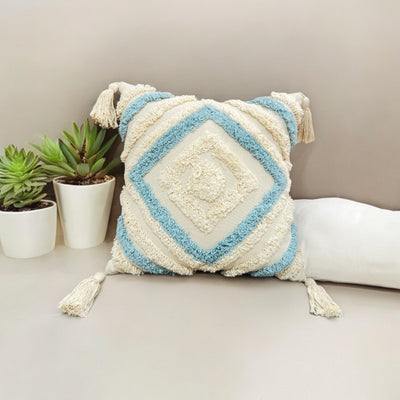 Blue Tufted Concentric Diamond Cotton Cushion Cover (Single)