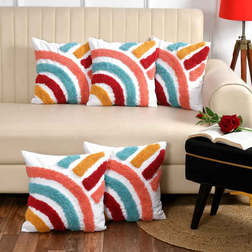Charming Rainbow Motif Tufted Cushion Cover | 16x16 Inches
