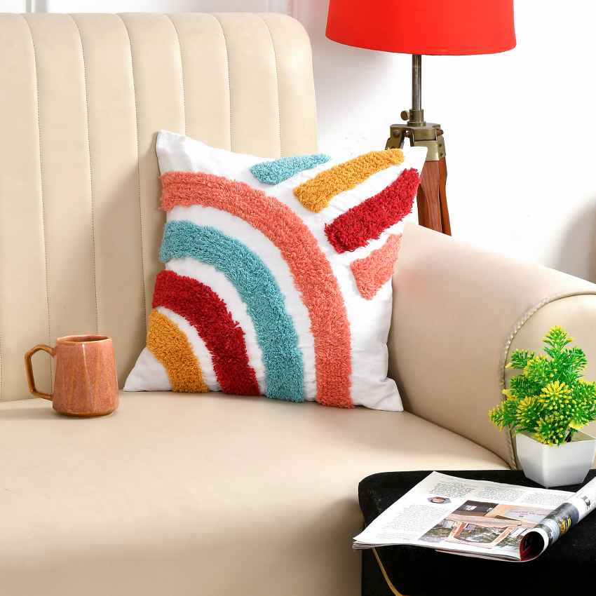 Charming Rainbow Motif Tufted Cushion Cover | 16x16 Inches