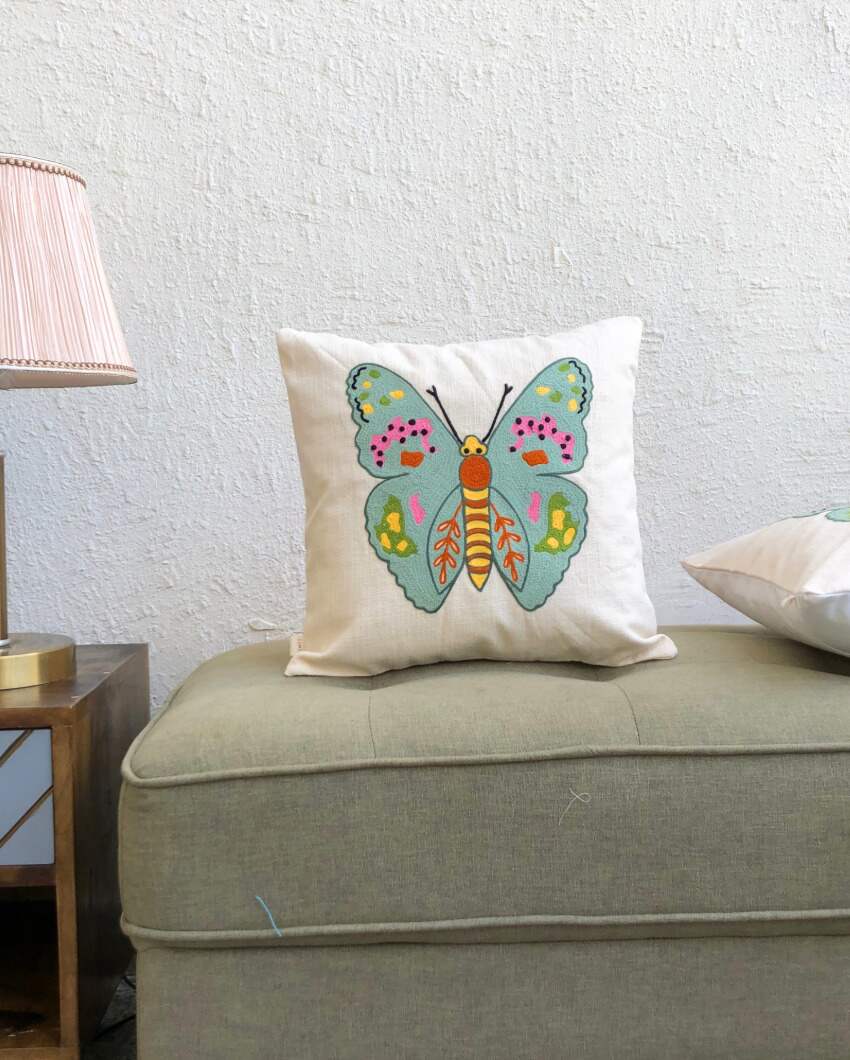 Butterfly Embroidered Cushion Cover | 16 x 16 inches