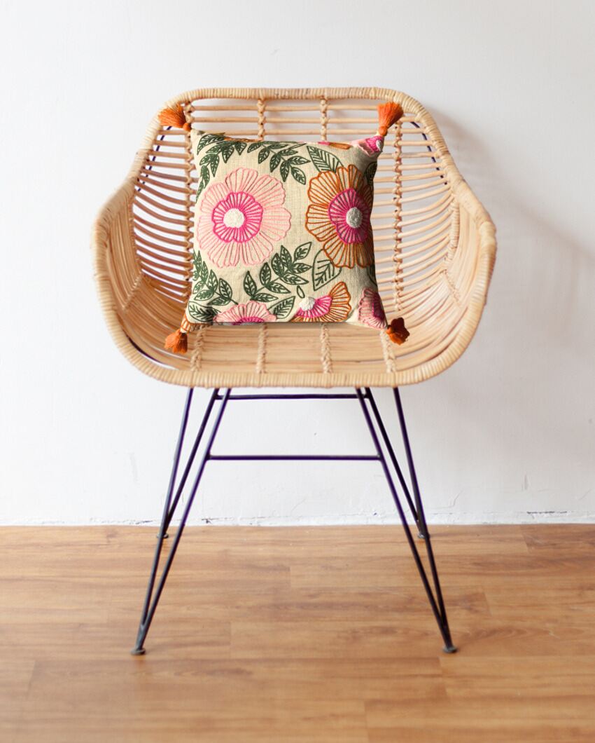Pink Floral Embroidered Cotton Cushion Cover | 16 x 16 inches