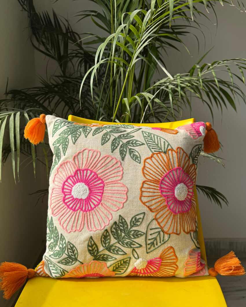 Pink Floral Embroidered Cotton Cushion Cover | 16 x 16 inches