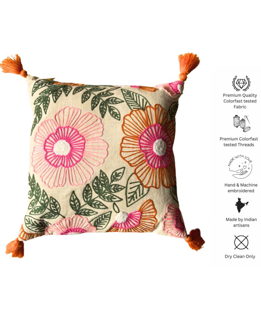 Pink Floral Embroidered Cotton Cushion Cover | 16 x 16 inches