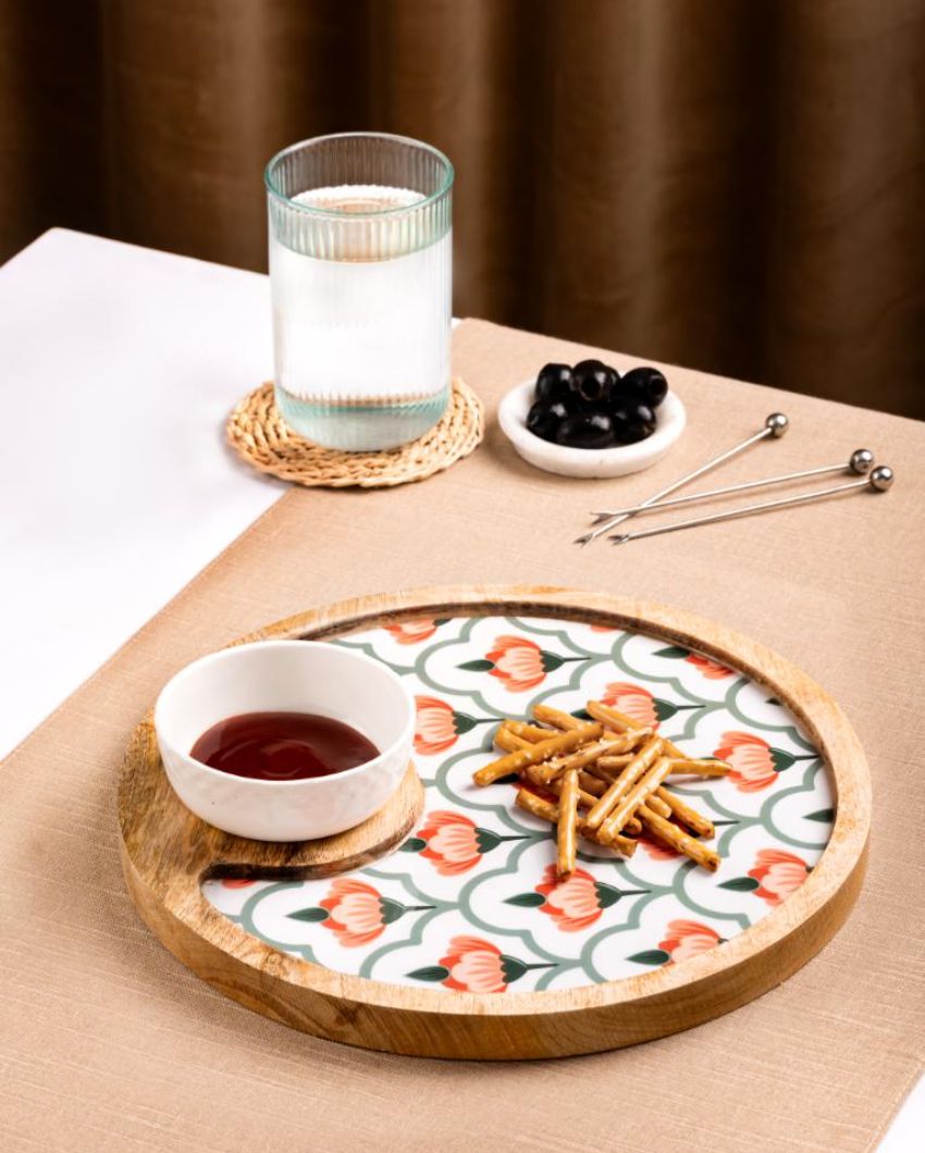 Round Chip And Dip Wood Platter With Bowl