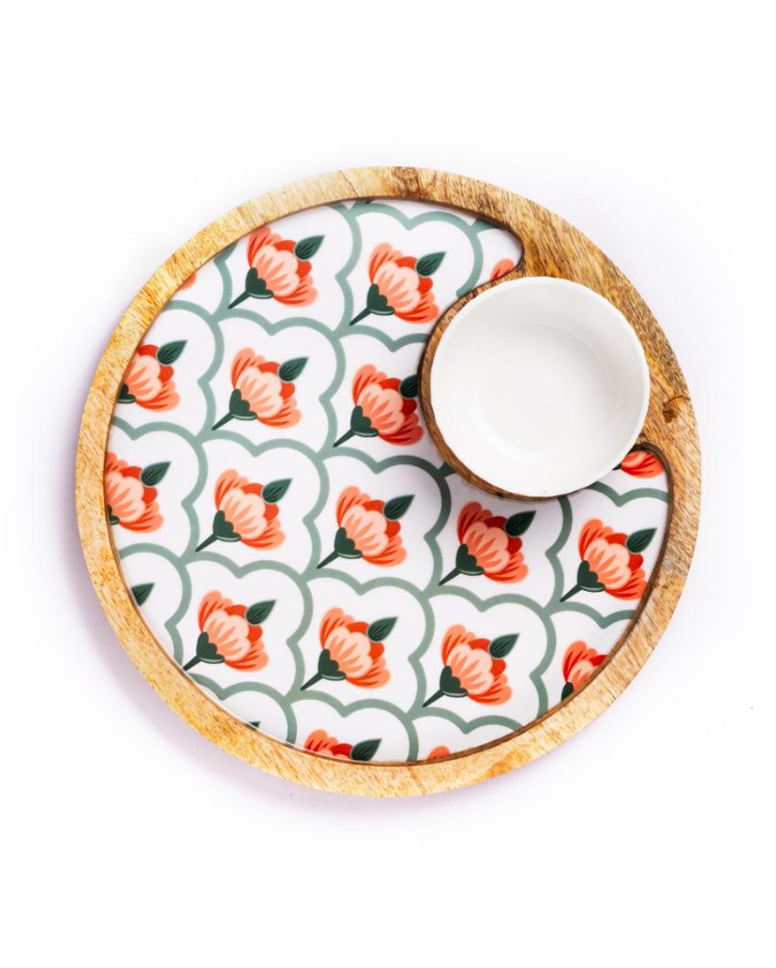 Round Chip And Dip Wood Platter With Bowl