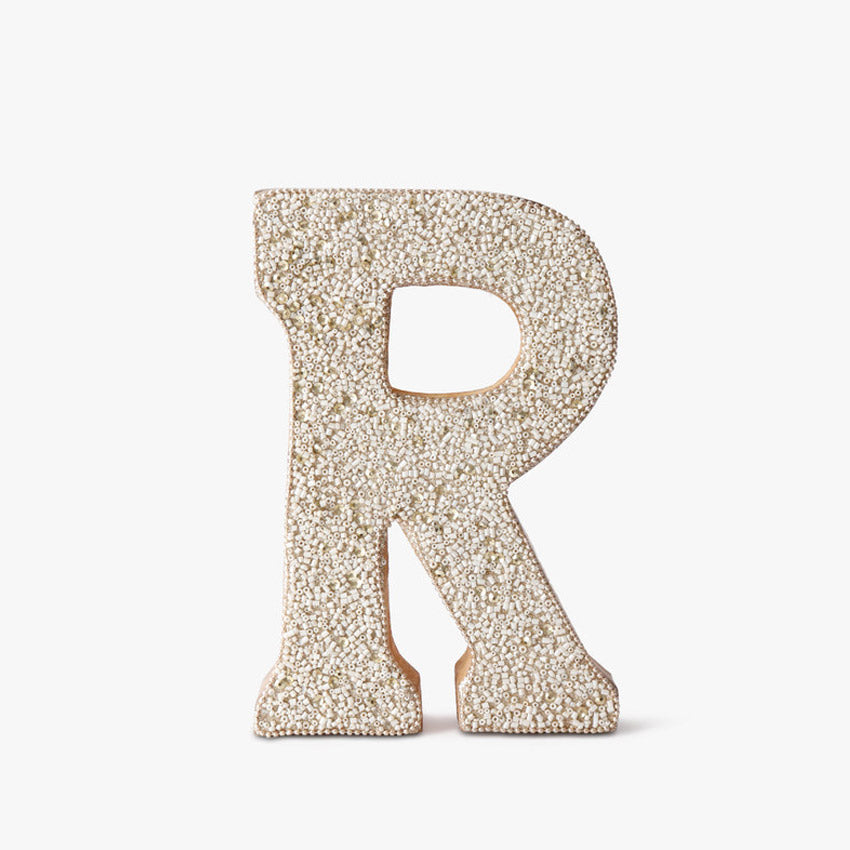 Elegant Beaded Wooden Letter R Ornament | 6 x 2 x 8 inches