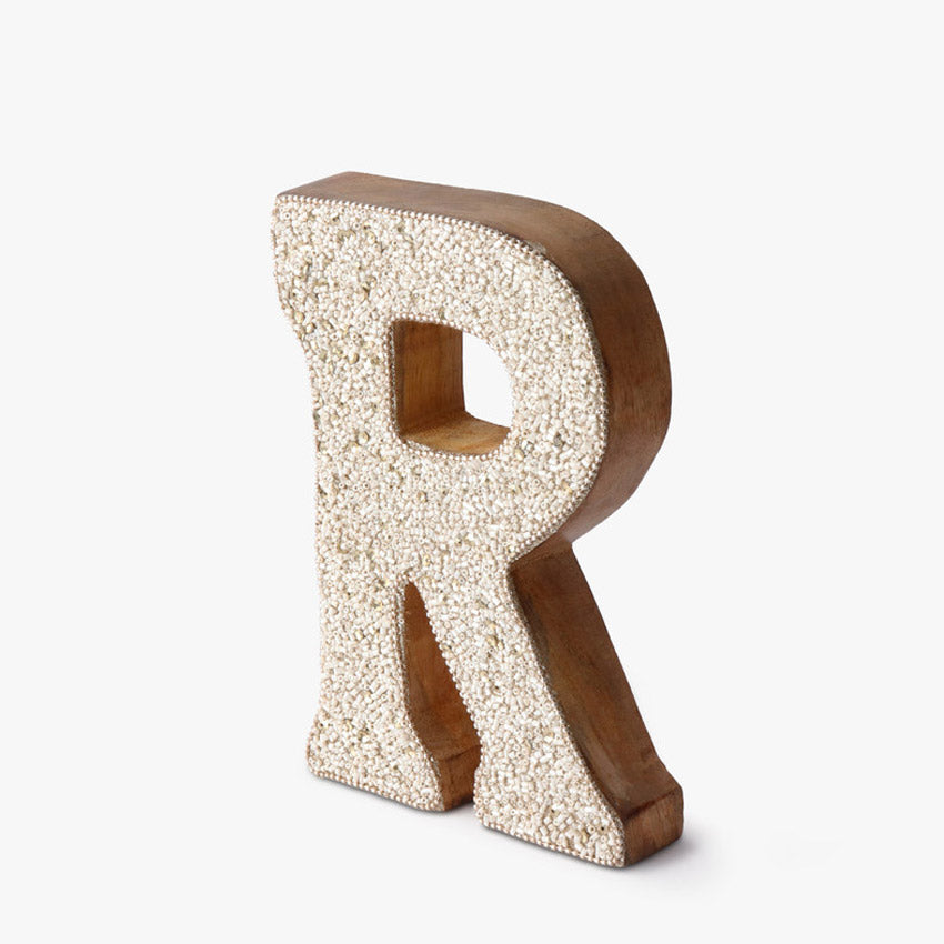 Elegant Beaded Wooden Letter R Ornament | 6 x 2 x 8 inches