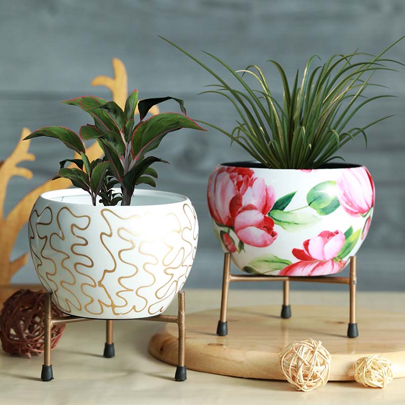 Resilient Metal Plant Pots With Stand | Set of 2