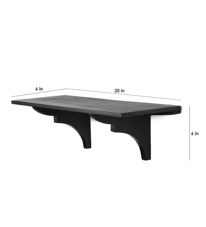 Solid Wood Fixed Bracket Wall Shelf in Black Color | 20 x 6 x 6 inches