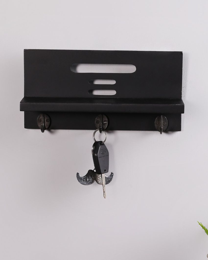 Wood Wall Hanging Shelf Key Holder with 3 Hooks in Black Color | 12 x 3 x 6 inches